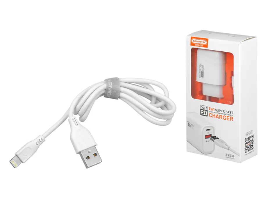 Cargador Somostel Carga Rapida Q01 25W PD + QC 3.0 Puerto USB y Tipo C +  Cable Iphone - SOMOSTEL