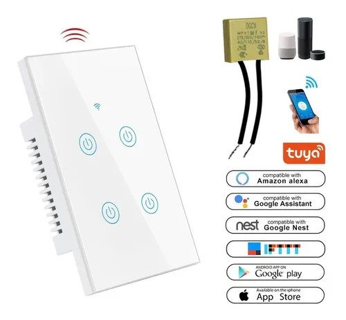 Interruptor Inteligente Wifi Tuya 4 Botones Tactil Sn Neutro - TUYA